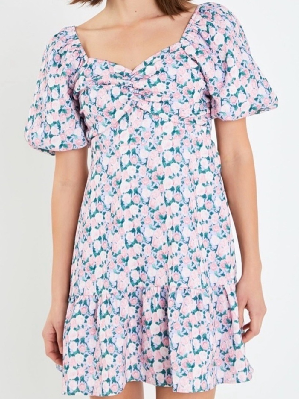 English Factory Puff Sleeve Floral Ruffle Trim Feminine Mini Dress